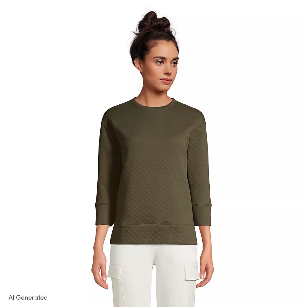 Land's End Sz M Forest Moss 3/4 Sleeve Quilted Crewneck Top